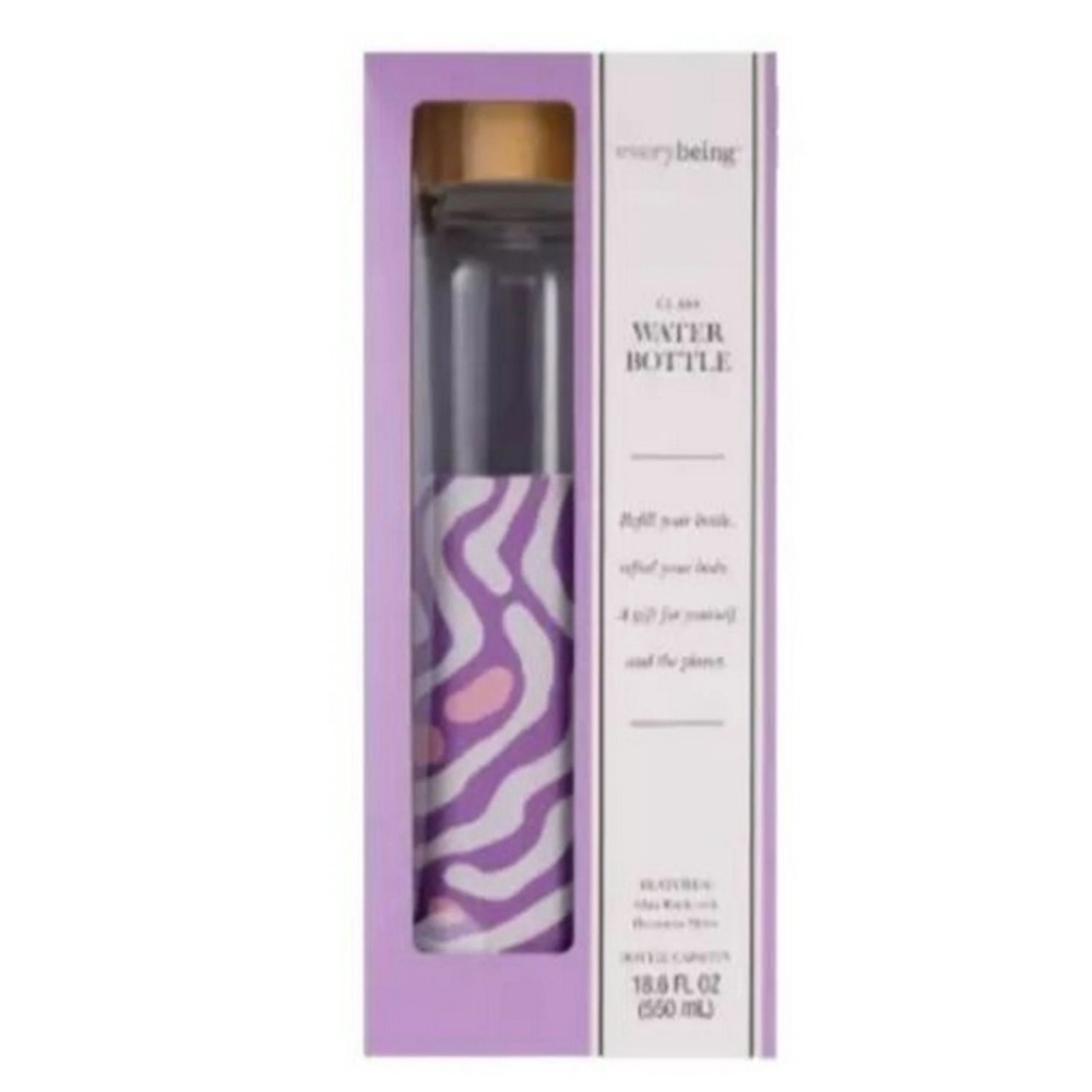 NEW Everybeing Glass Water Bottle w/Purple Decorative Silicone Sleeve 18.6 FL Oz
